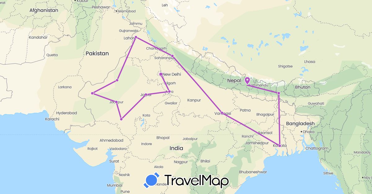 TravelMap itinerary: driving, train in India, Nepal (Asia)